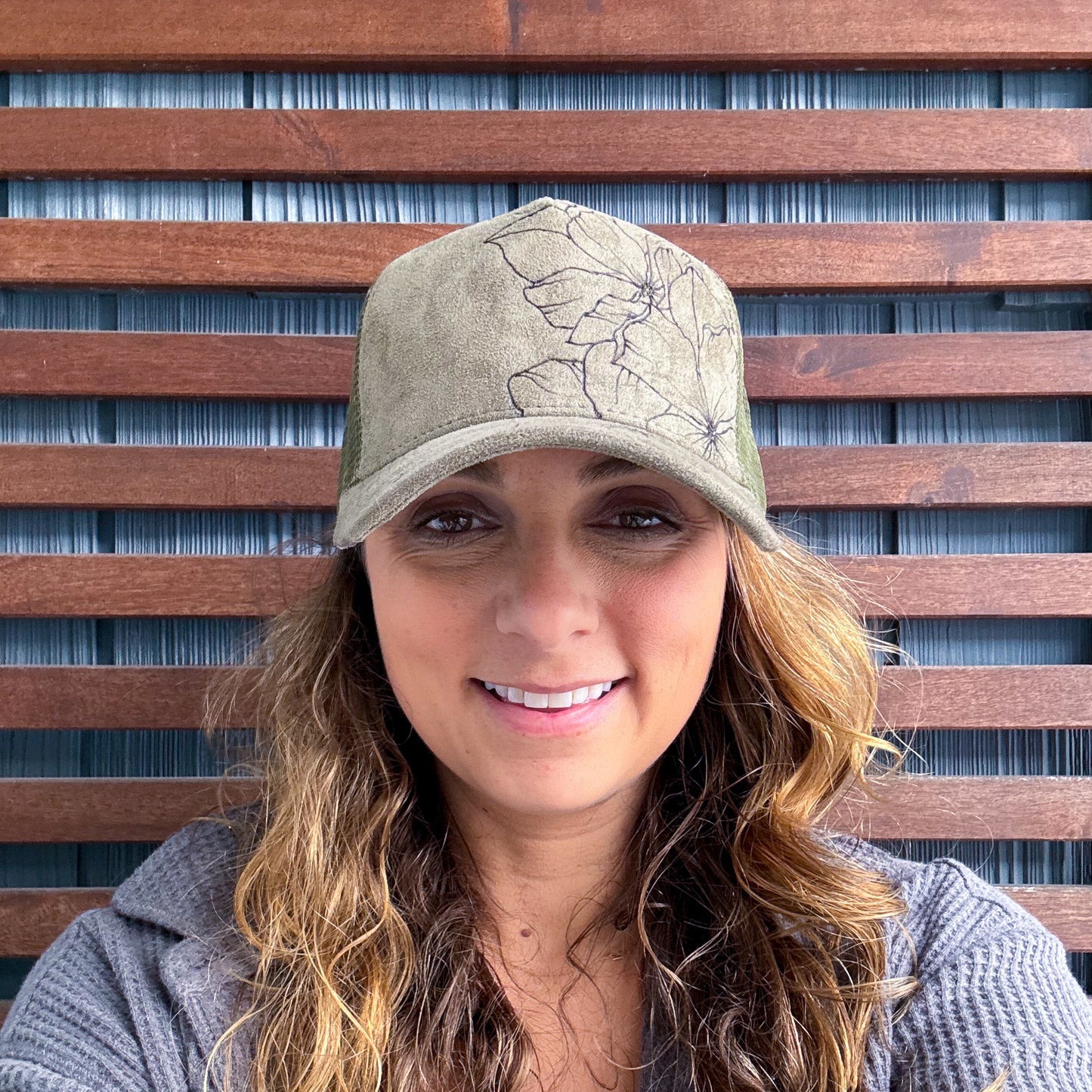 Suede Olive Green Burned Wild Flower Trucker Hat