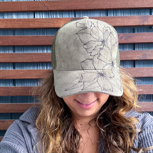 Suede Olive Green Burned Wild Flower Trucker Hat