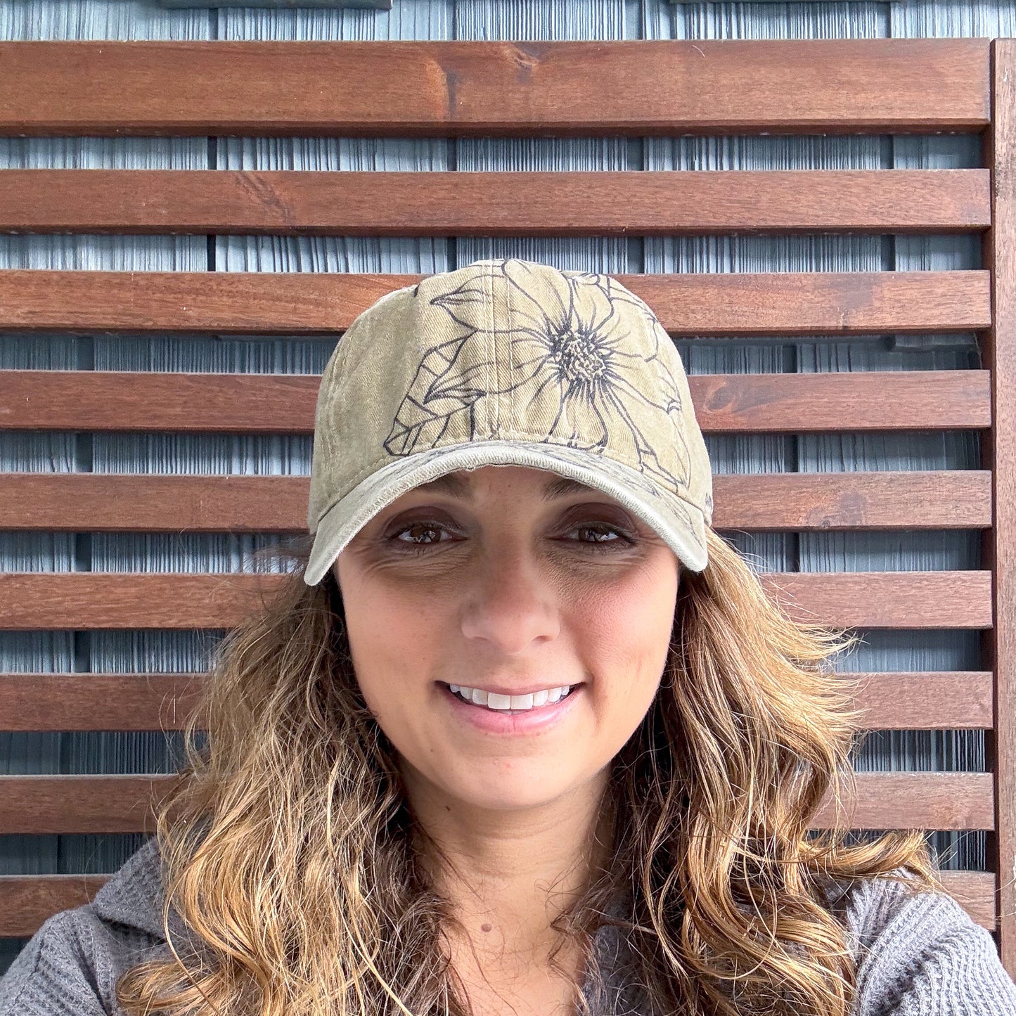 Khaki Hand Drawn Sunflower Adjustable Baseball Cap