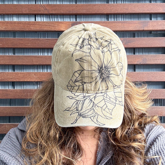 Khaki Hand Drawn Sunflower Adjustable Baseball Cap