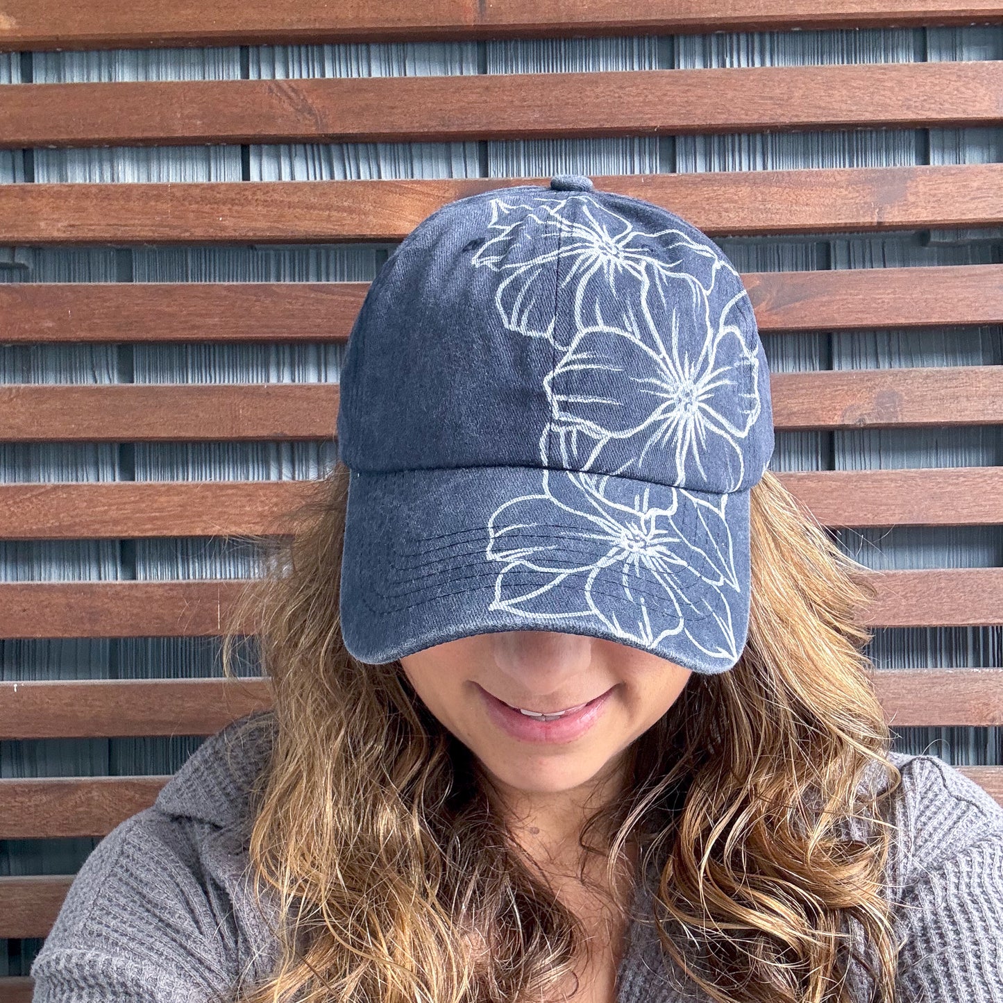 Dark Blue Hand Drawn Wild Flower Adjustable Baseball Cap