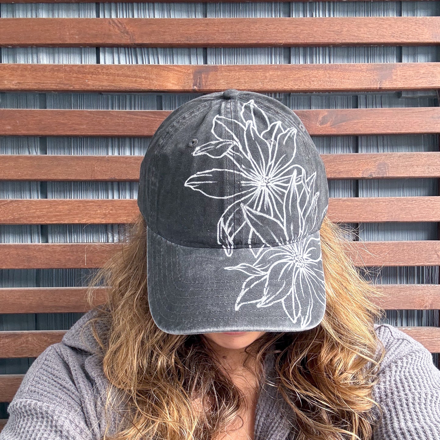 Charcoal Hand Drawn Daisy Adjustable Baseball Cap