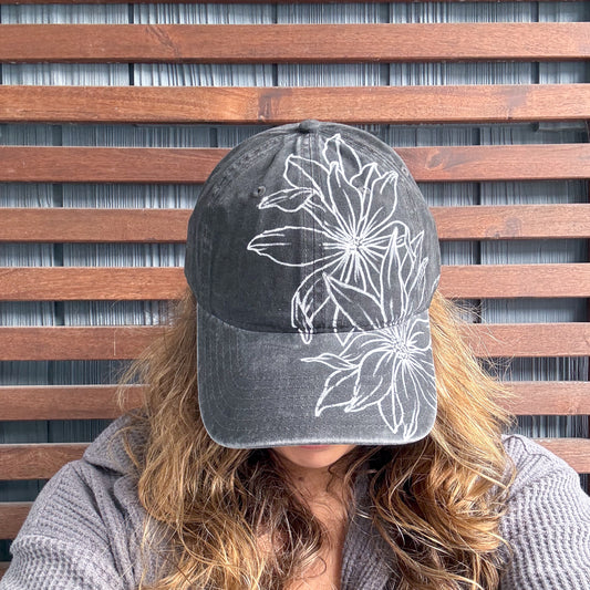 Charcoal Hand Drawn Daisy Adjustable Baseball Cap