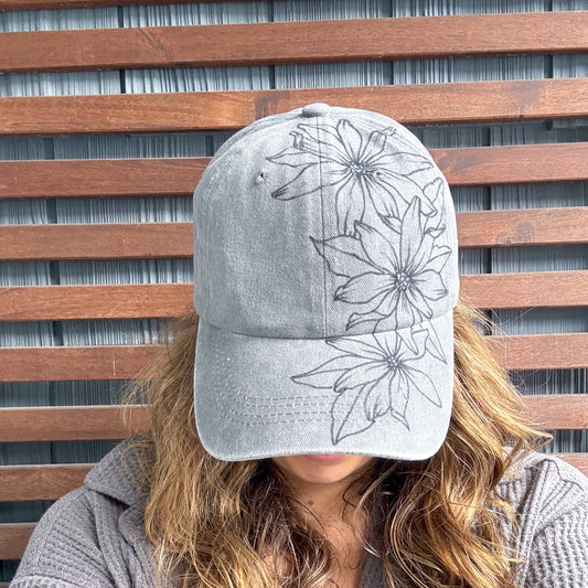 Light Grey Hand Drawn Daisy Adjustable Baseball Cap