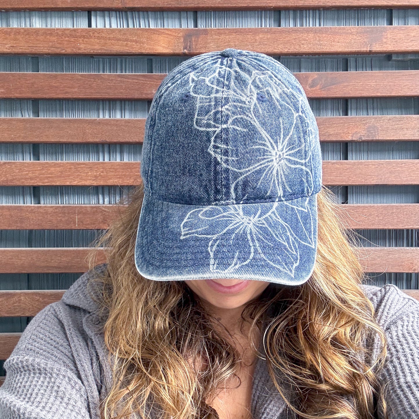 Denim Hand Drawn Wild Flower Adjustable Baseball Cap