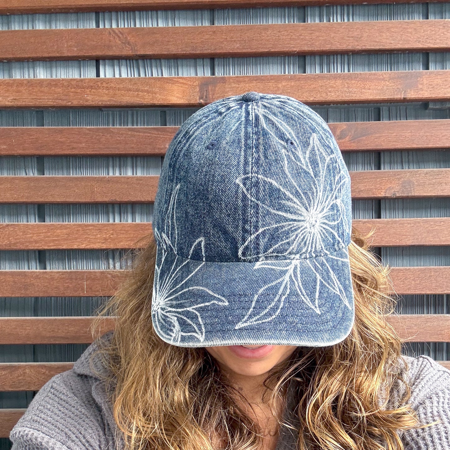 Denim Hand Drawn Daisy Adjustable Baseball Cap