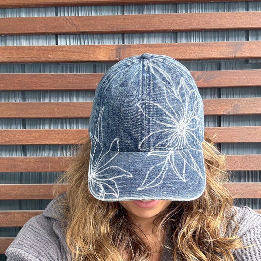 Denim Hand Drawn Daisy Adjustable Baseball Cap