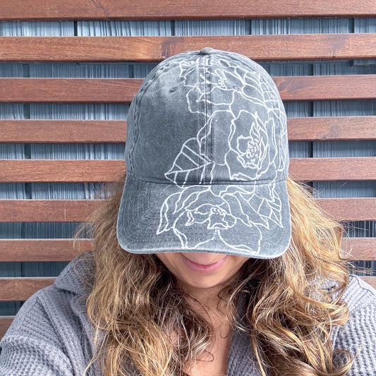 Charcoal Hand Drawn Gardenia Adjustable Baseball Cap