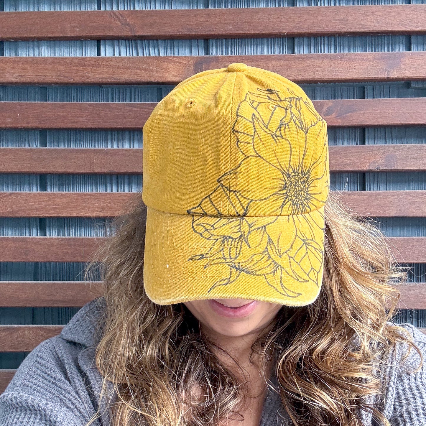 Yellow Hand Drawn Sunflower Adjustable Baseball Cap