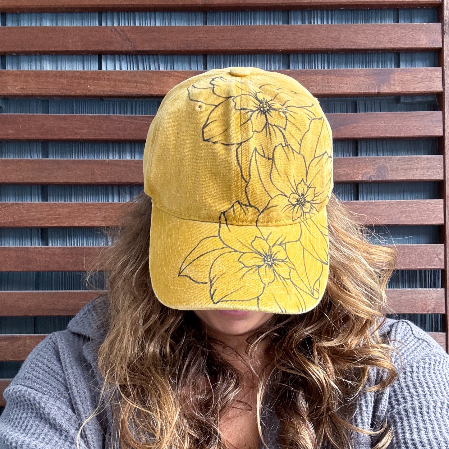 Yellow Hand Drawn Floral Adjustable Baseball Cap