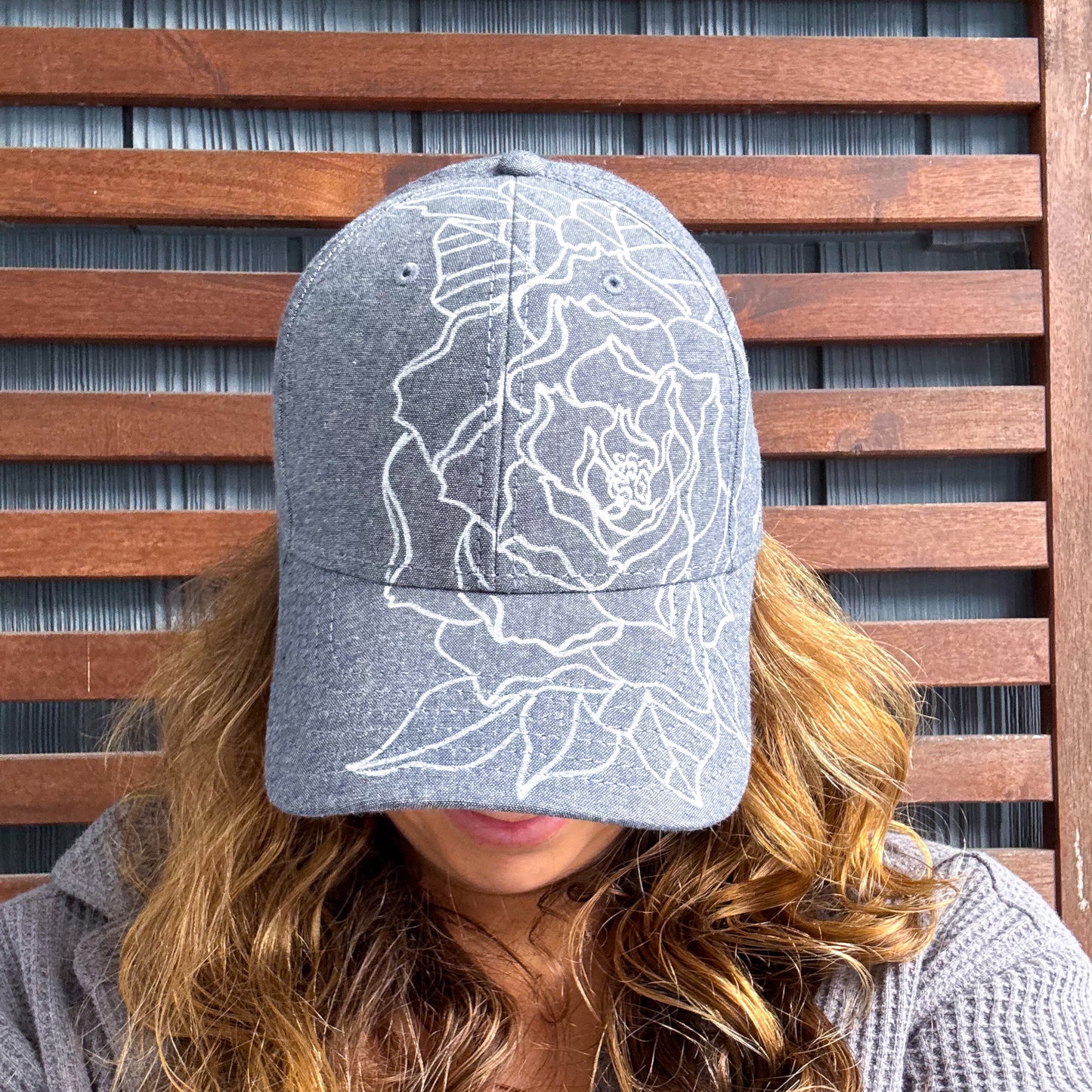 Denim Hand Drawn Peonies Adjustable Baseball Cap