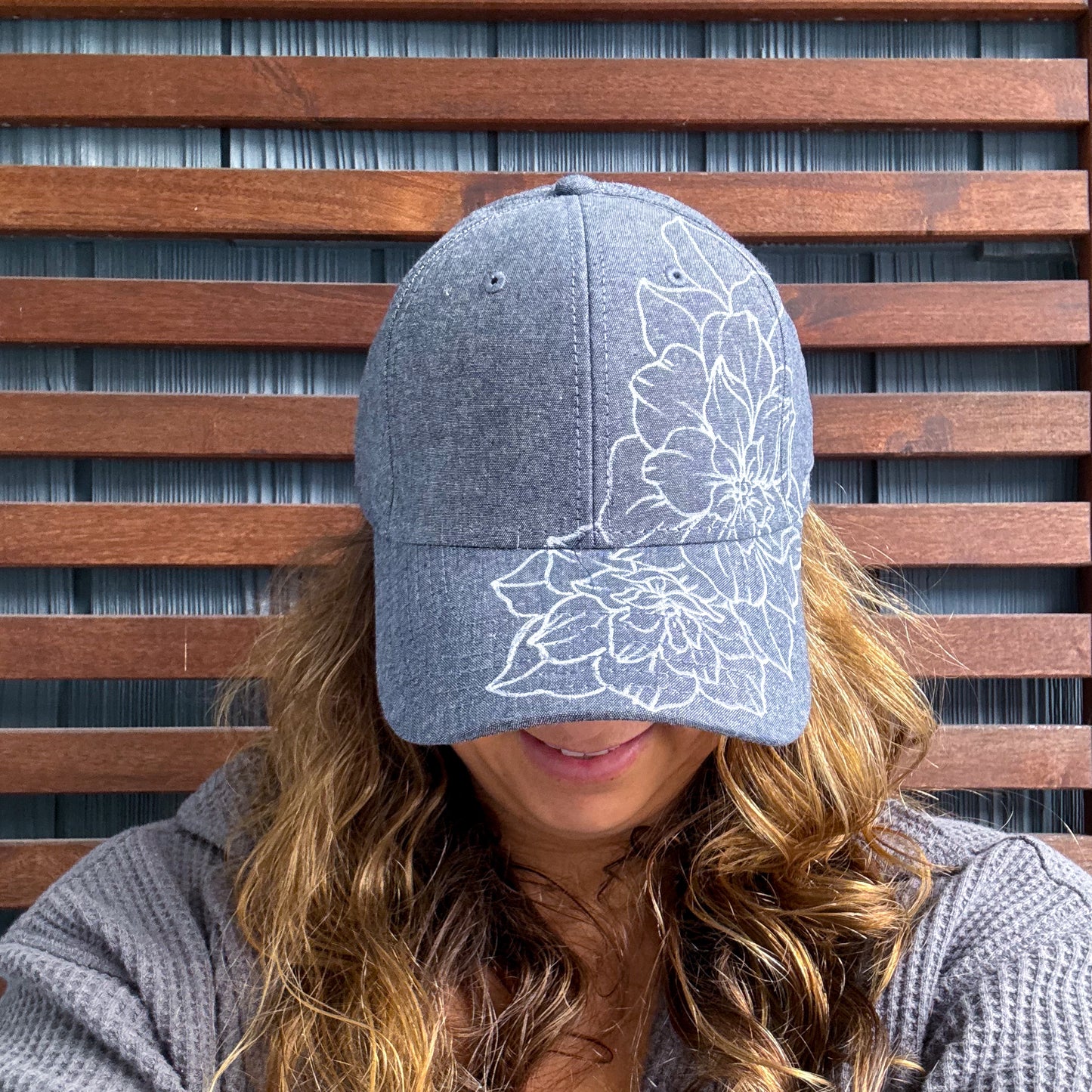 Denim Hand Drawn Garden Flower Adjustable Baseball Cap