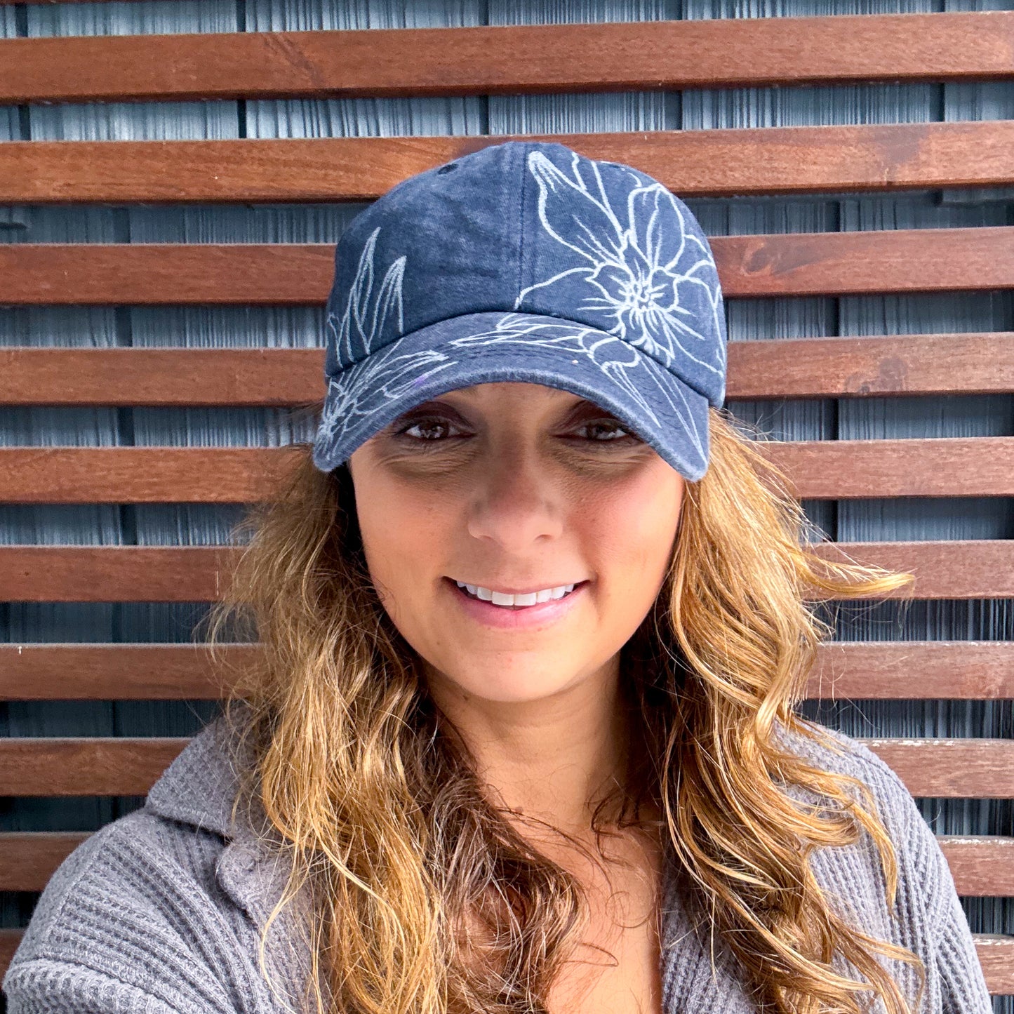 Dark Blue Hand Drawn Floral Adjustable Baseball Cap