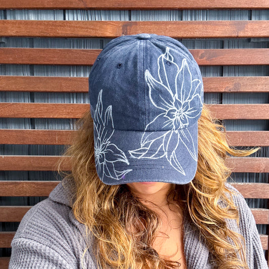 Dark Blue Hand Drawn Floral Adjustable Baseball Cap