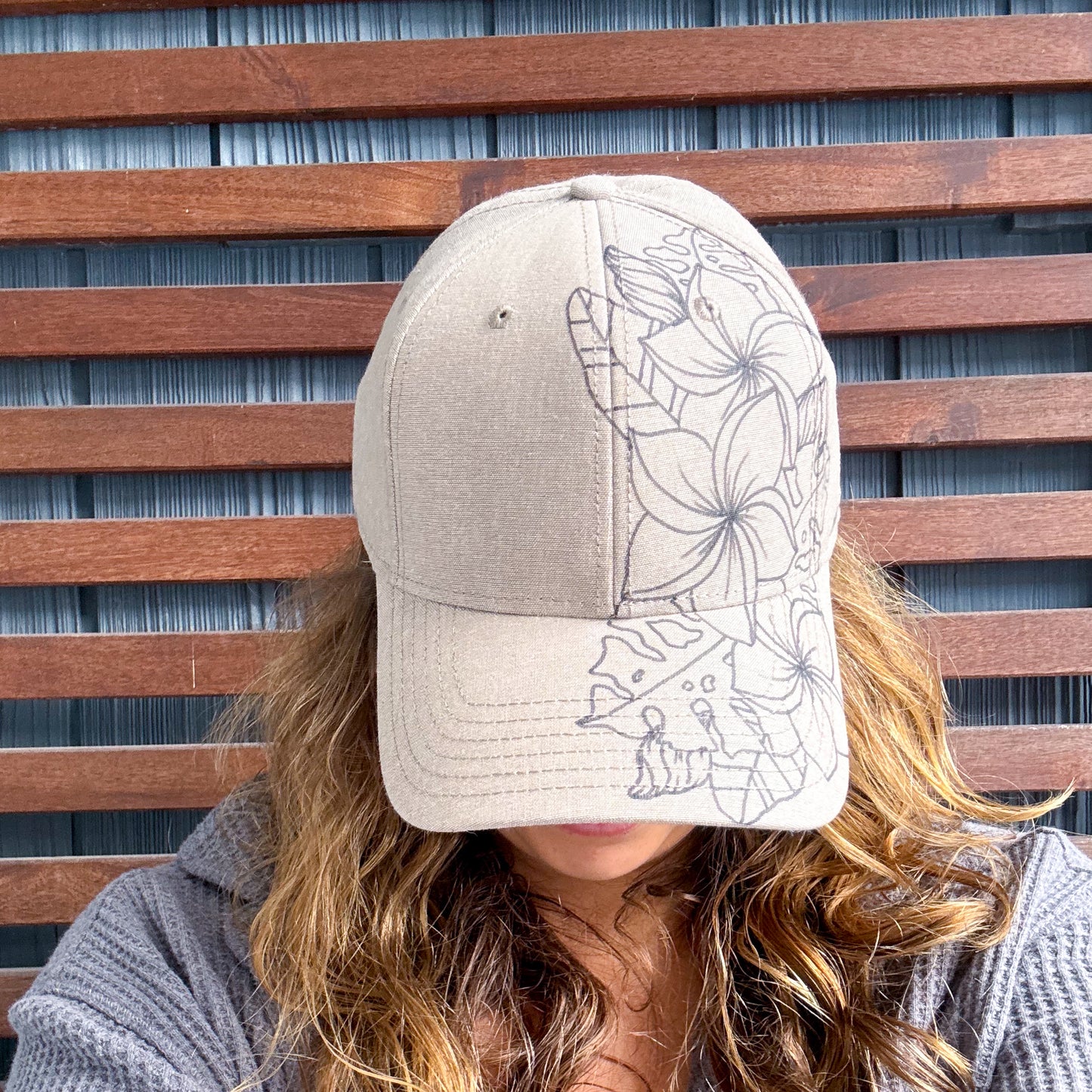 Khaki Hand Drawn Tropical Flowers Adjustable Baseball Cap