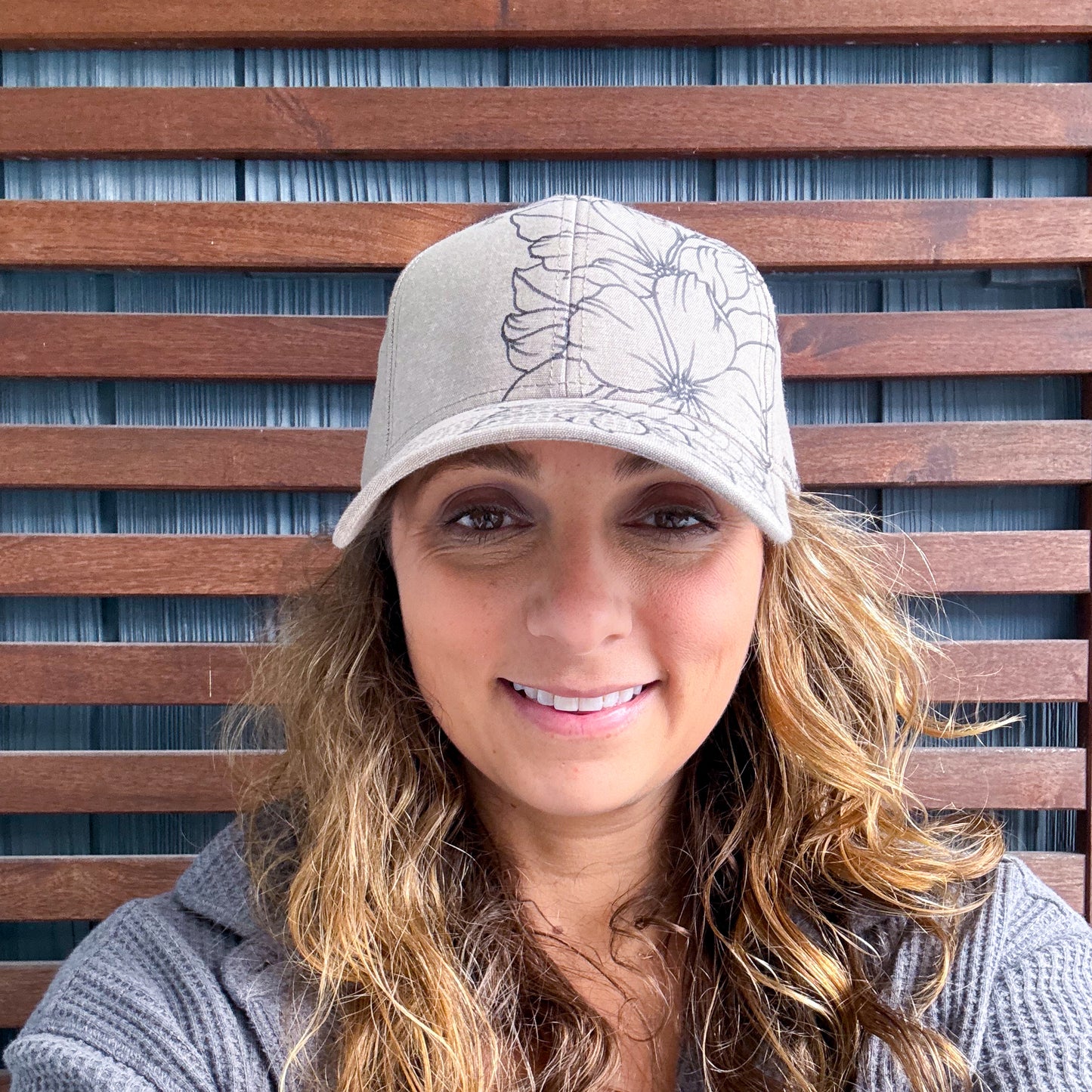 Khaki Hand Drawn Wild Flower Adjustable Baseball Cap