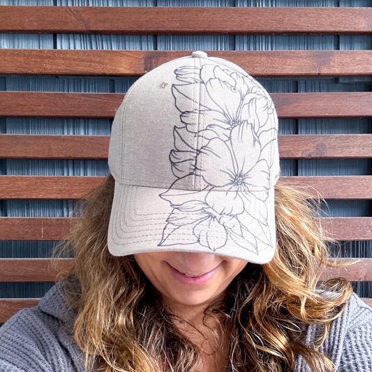 Khaki Hand Drawn Wild Flower Adjustable Baseball Cap