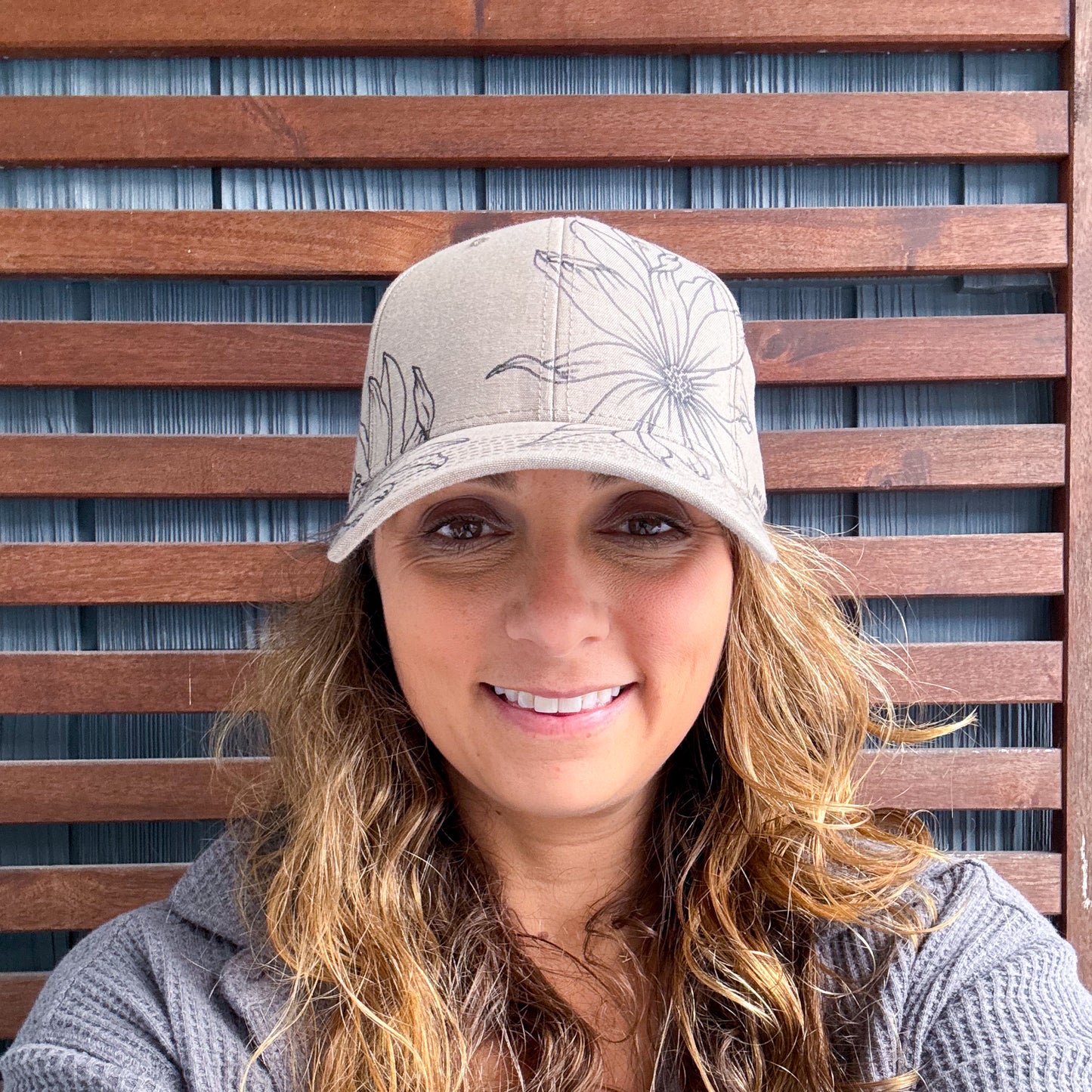 Khaki Hand Drawn Daisy Adjustable Baseball Cap