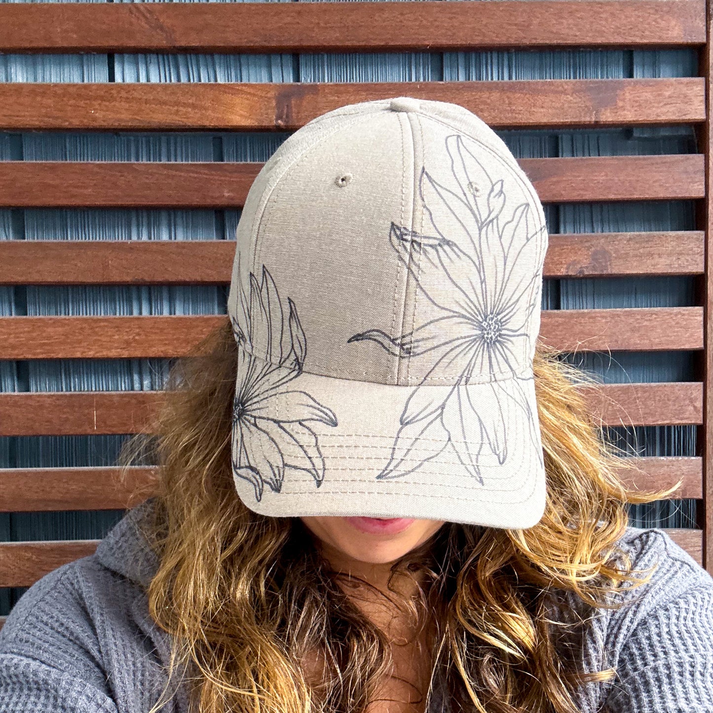 Khaki Hand Drawn Daisy Adjustable Baseball Cap