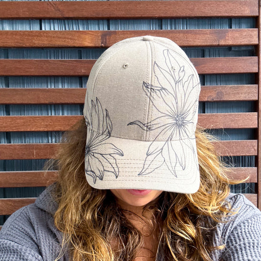 Khaki Hand Drawn Daisy Adjustable Baseball Cap