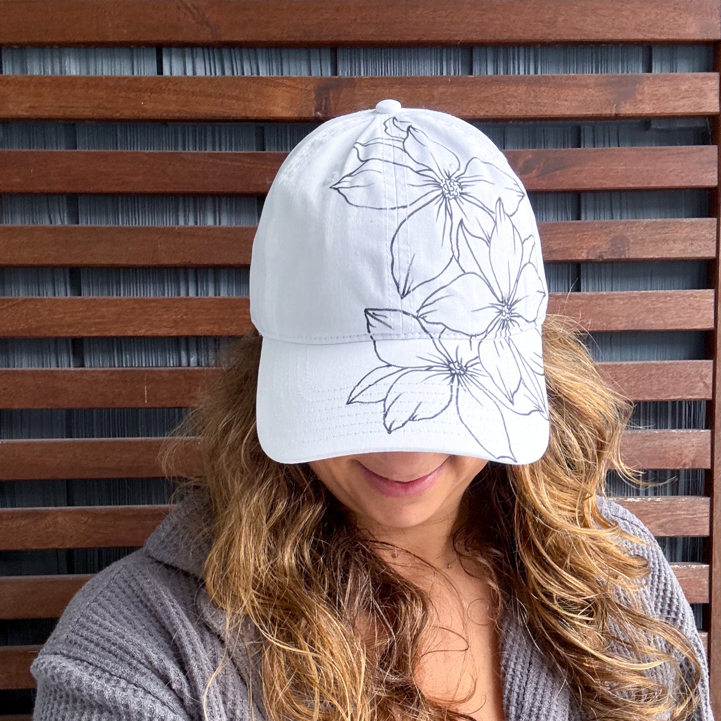 White Hand Drawn Wild Flower Adjustable Baseball Cap