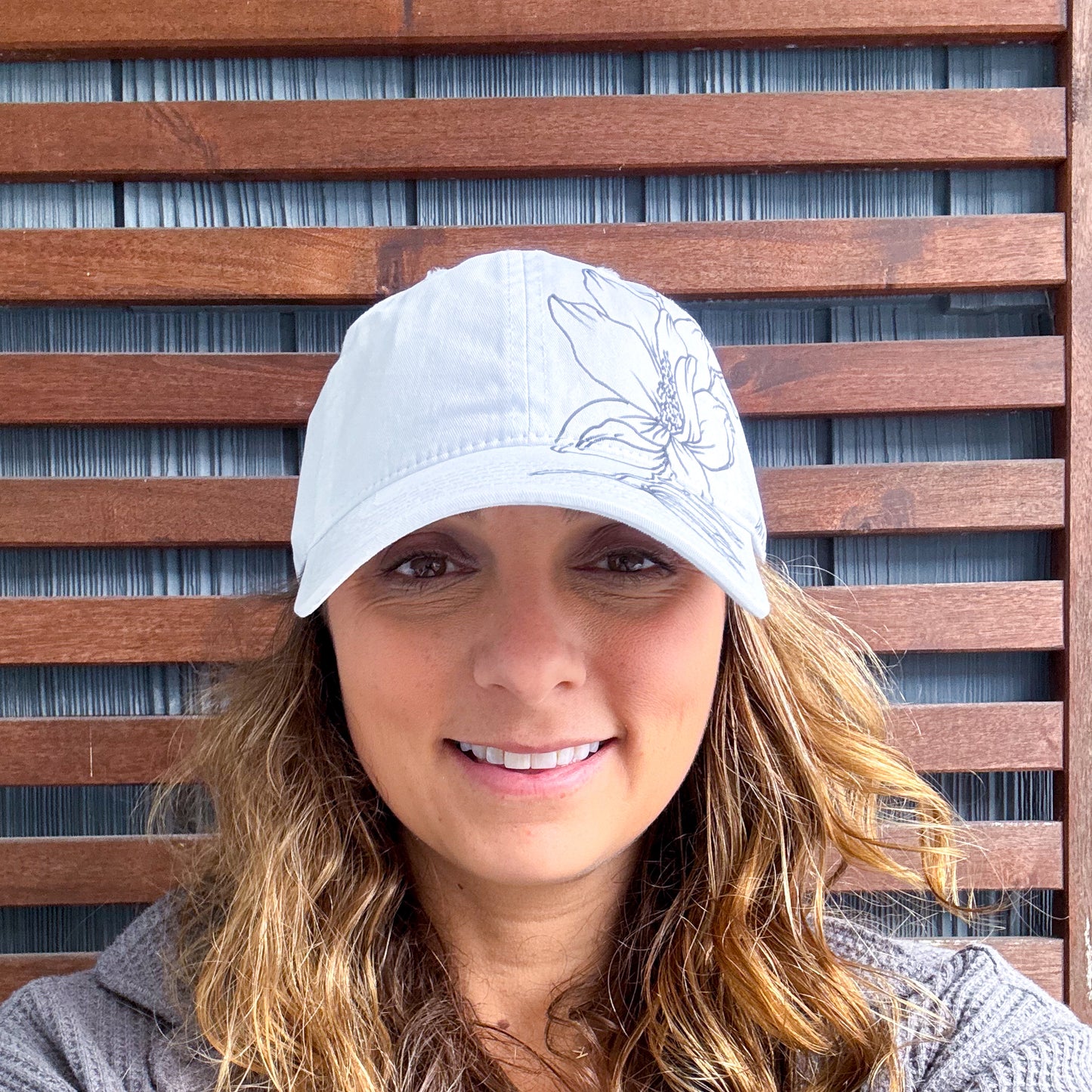 White Hand Drawn Magnolia Adjustable Baseball Cap