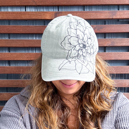 Stone Hand Drawn Gardenia Adjustable Baseball Cap