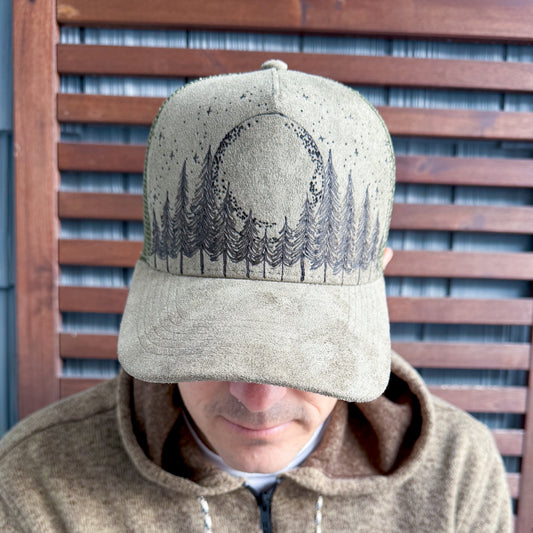 Suede Olive Green Burned Moon in the Trees Trucker Hat
