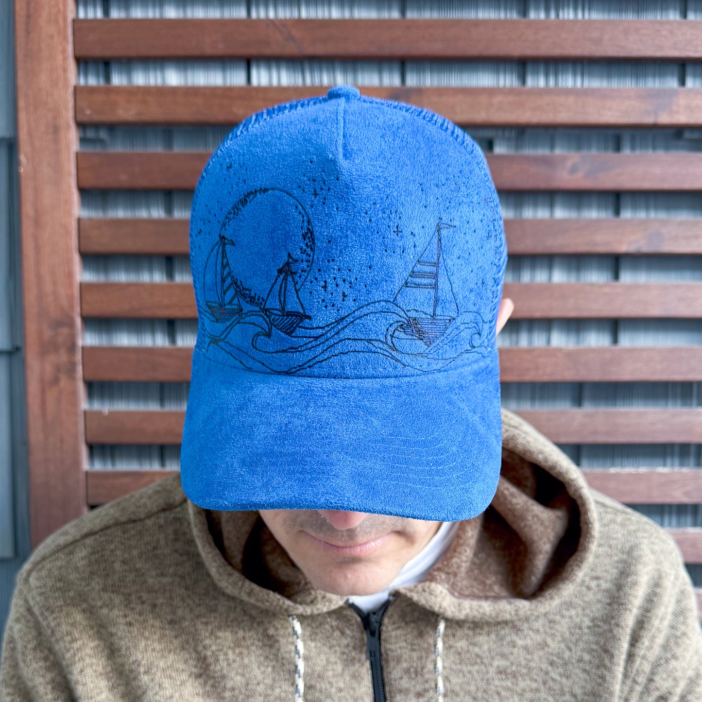 Suede Blue Burned Moonlight Sailing Trucker Hat