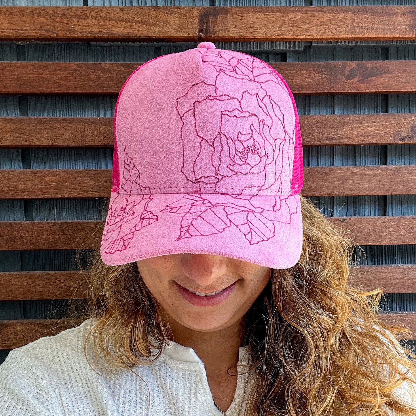 Suede Pink Burned Floral Trucker Hat