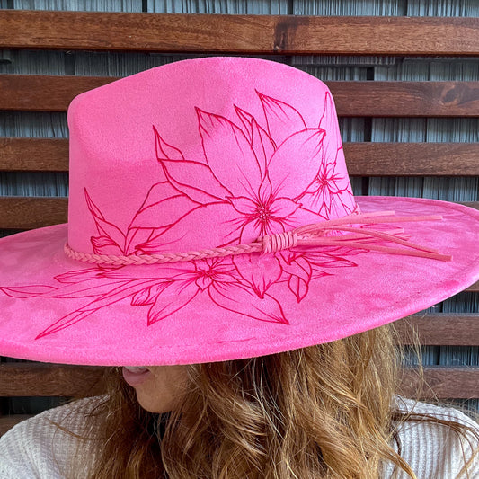 Pink Hand Burned Extra Wide Brim Fedora