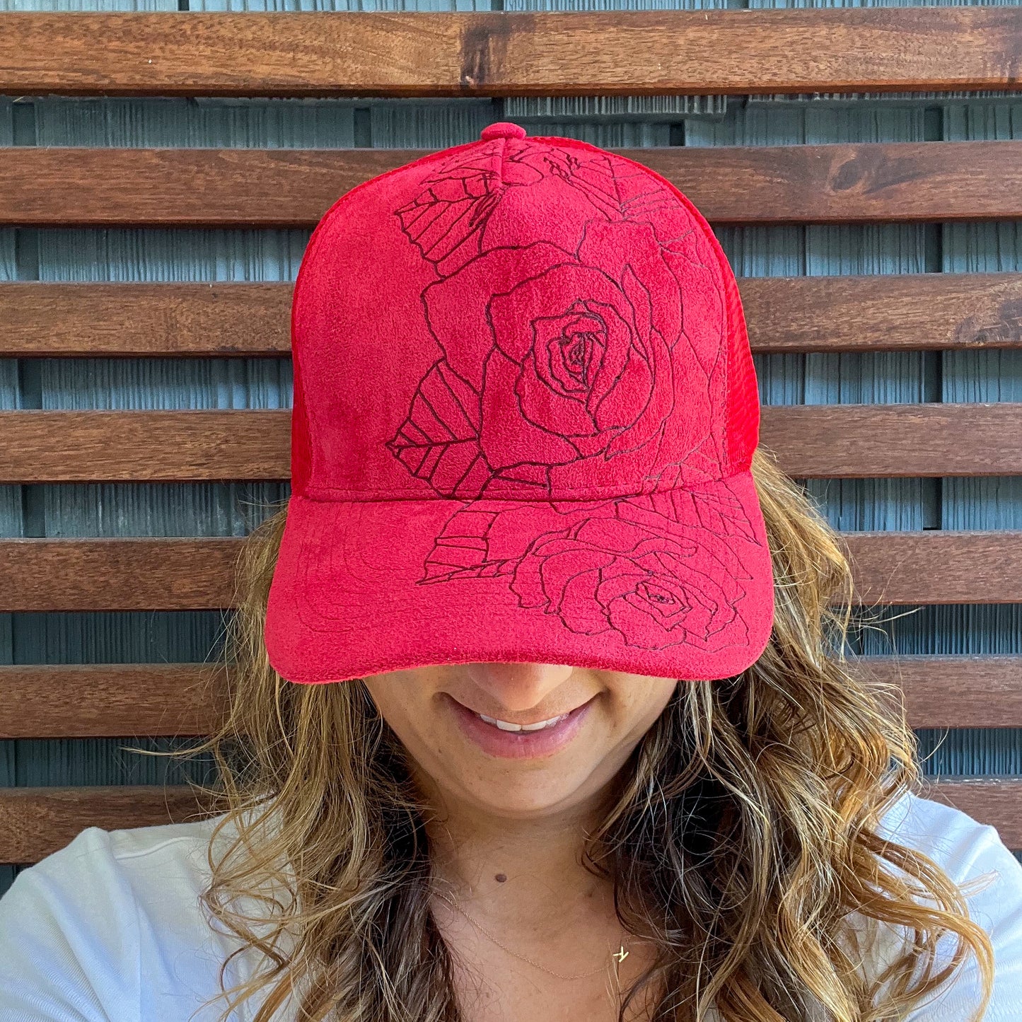 Suede Red Burned Rose Floral Trucker Hat