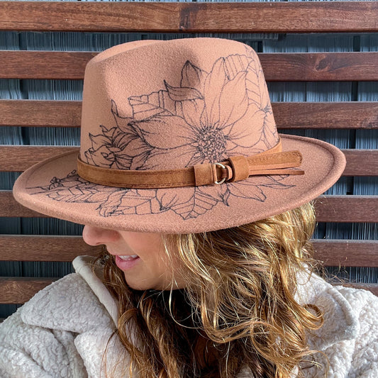 Brown Hand Drawn Sunflower Wide Brim Fedora