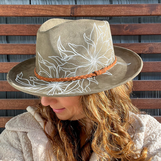 Olive Green Hand Drawn Sunflower Wide Brim Fedora