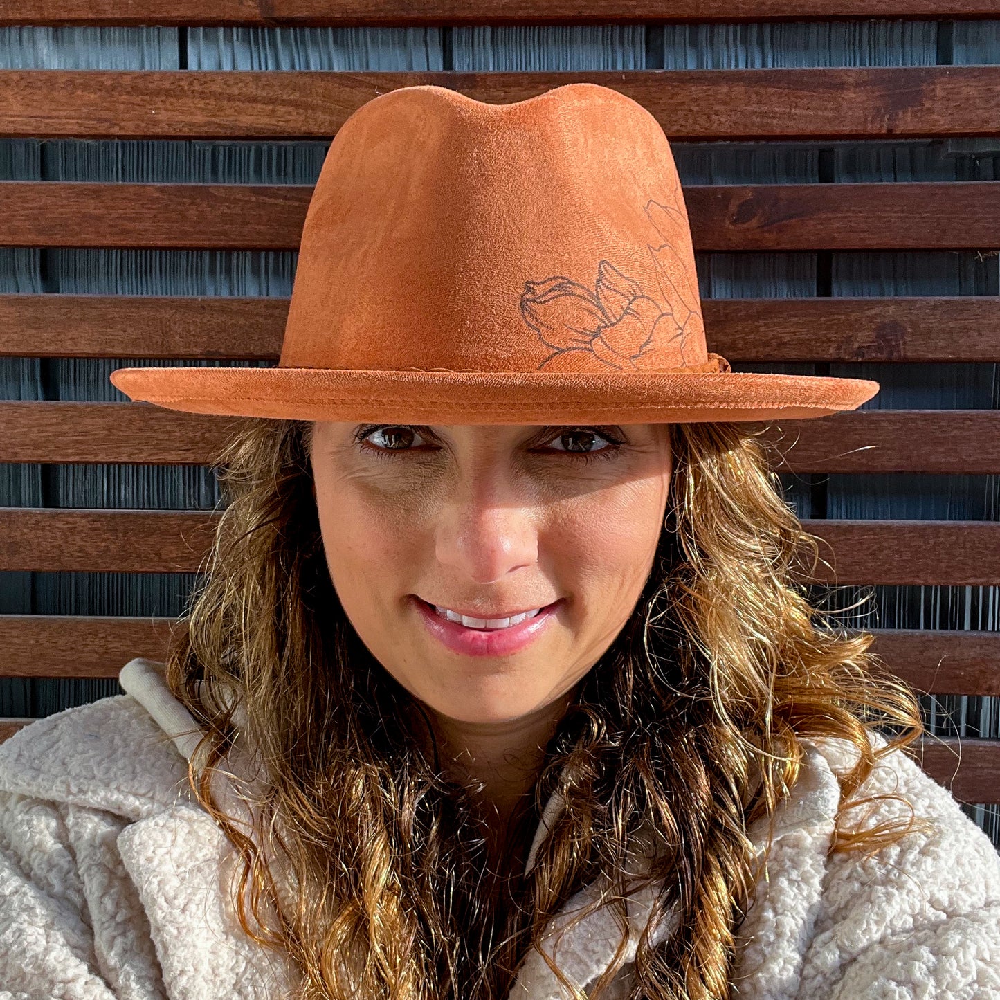 Brown Hand Drawn Flower Wide Brim Fedora