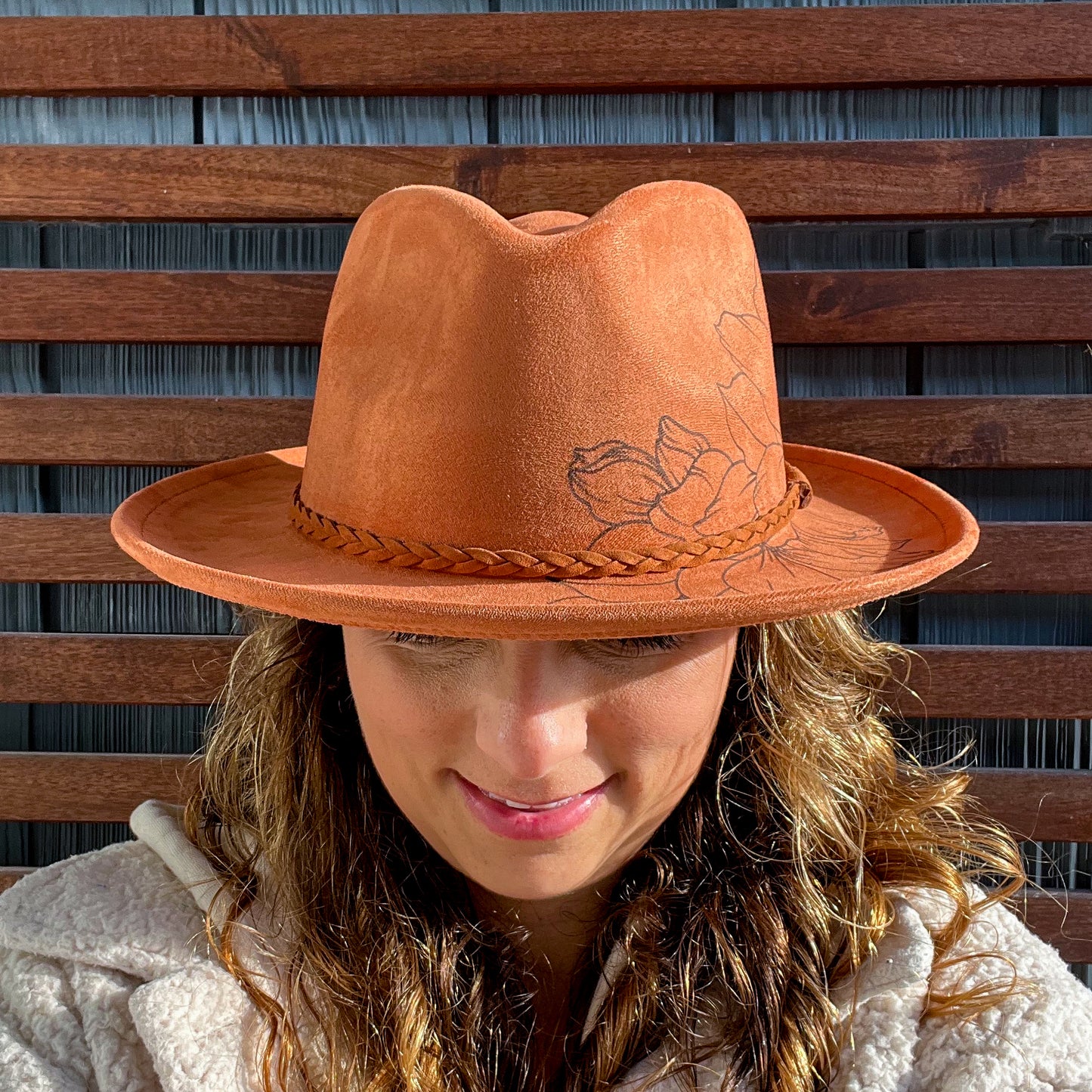 Brown Hand Drawn Flower Wide Brim Fedora