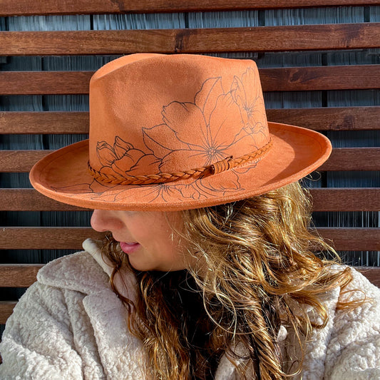 Brown Hand Drawn Flower Wide Brim Fedora