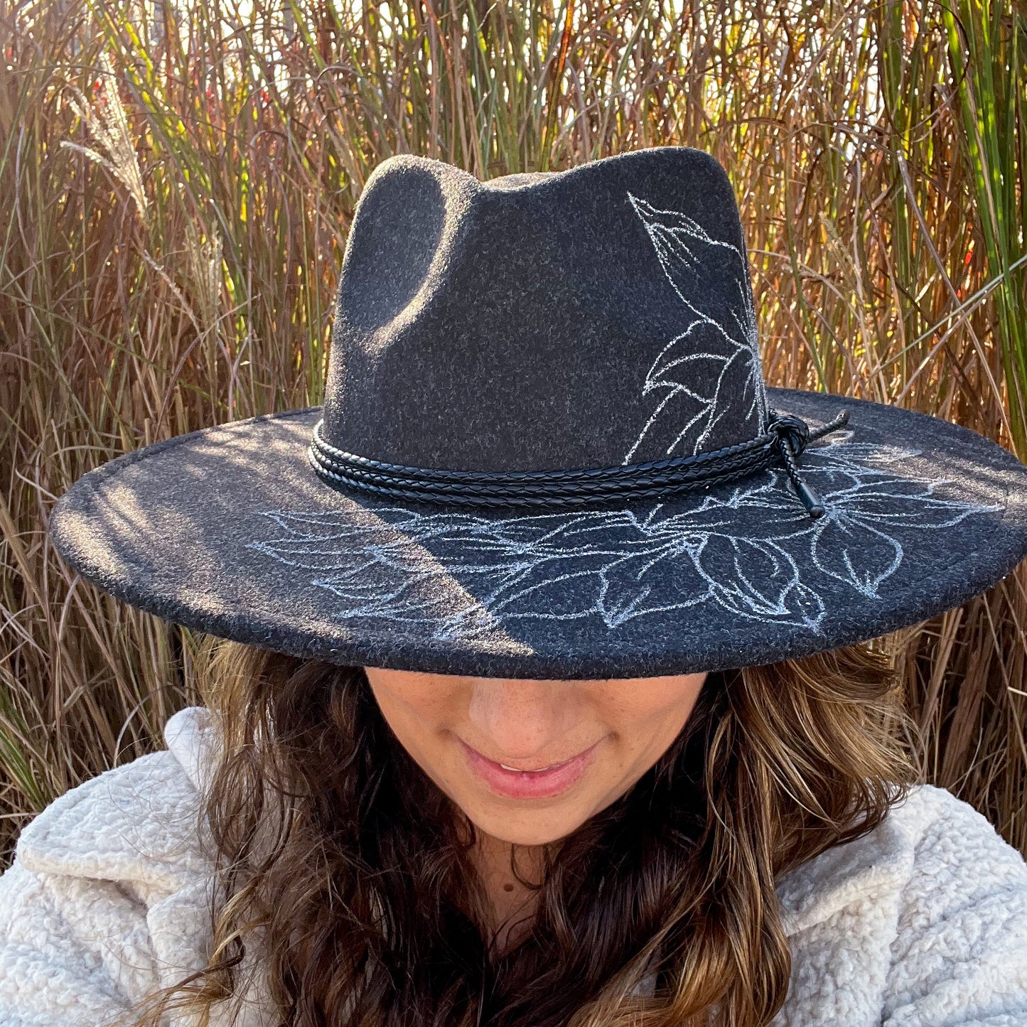 Black Hand Drawn Flower Extra Wide Brim Fedora