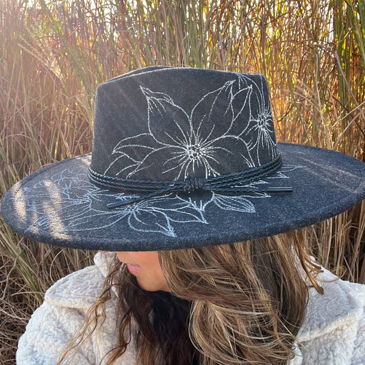 Black Hand Drawn Flower Extra Wide Brim Fedora