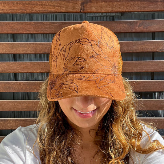 Suede Brown Burned Large Floral Trucker Hat