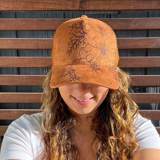 Suede Brown Burned Cosmo Floral Trucker Hat