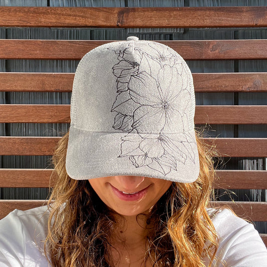 Suede Light Grey Burned Floral Trucker Hat