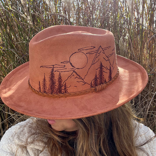 Rust Hand Burned Mountains Wide Brim Fedora