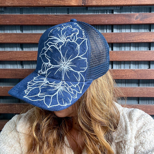 Suede Navy Blue Drawn Large Floral Trucker Hat