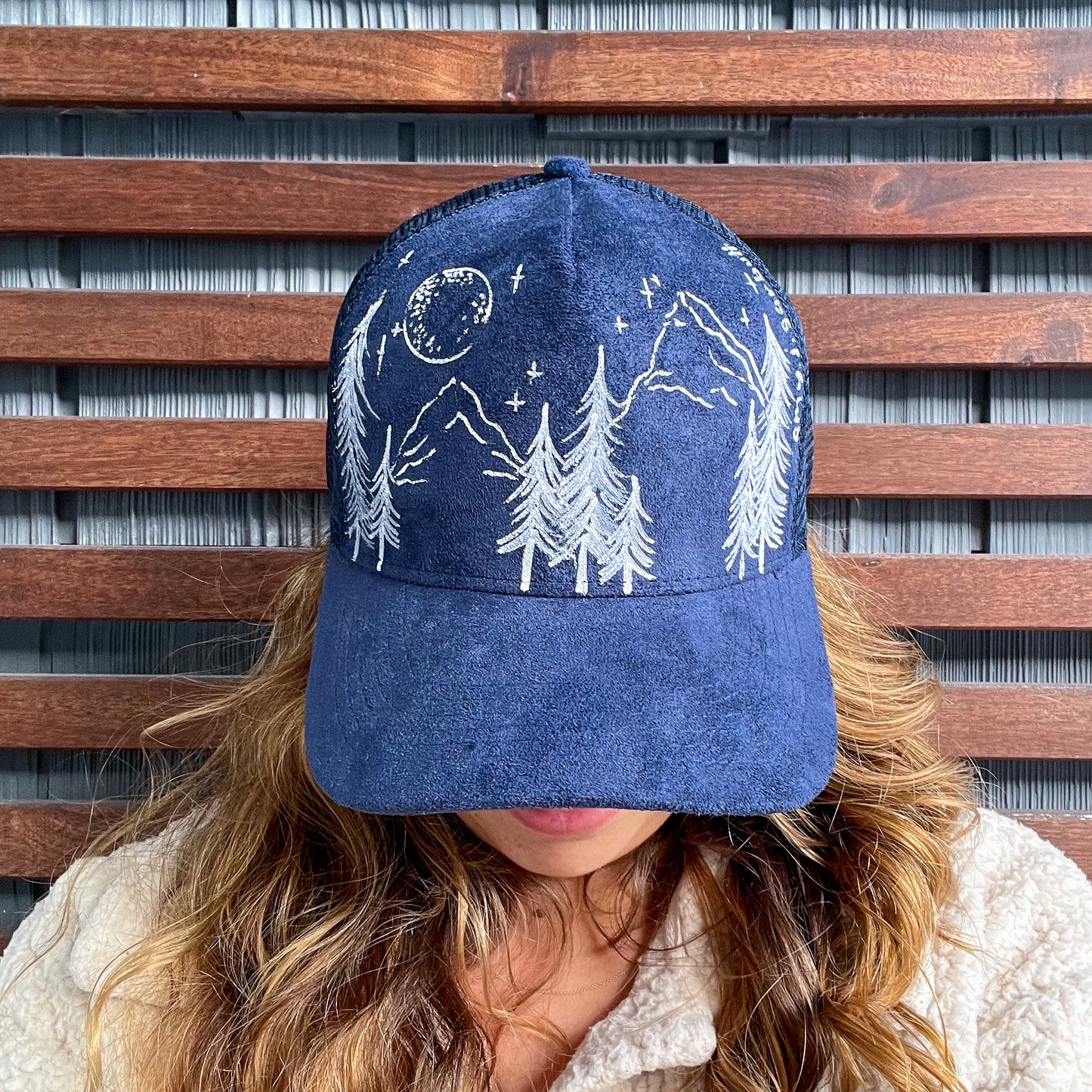 Suede Navy Blue Drawn Mountains Trucker Hat
