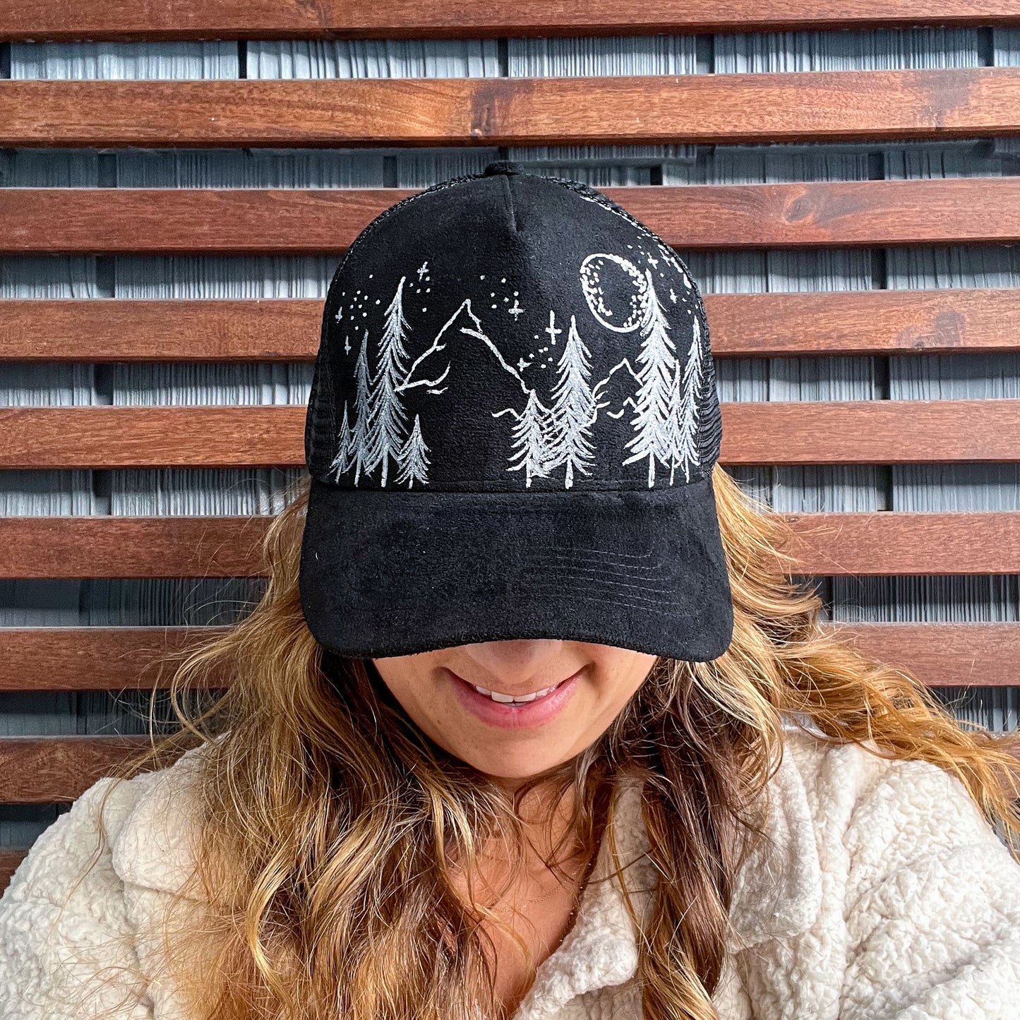 Suede Black Drawn Mountains Trucker Hat