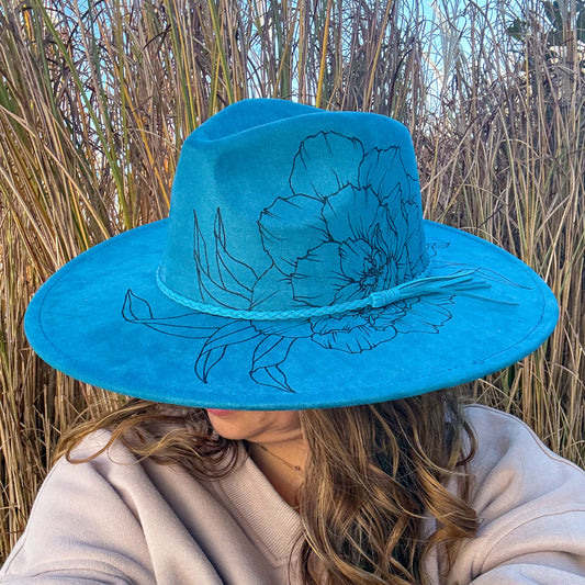 Ocean Blue Hand Burned Floral Wide Brim Fedora