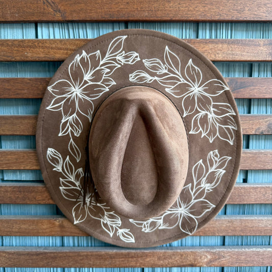 Dark Brown Hand Drawn Flower Wide Brim Fedora