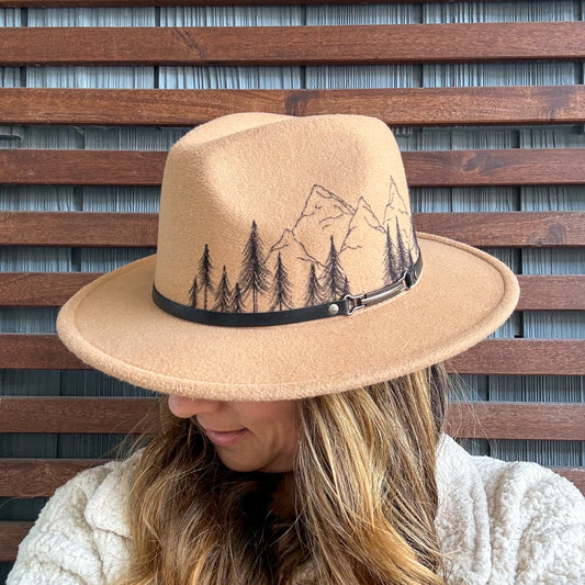 Tan Hand Drawn Mountain Wide Brim Fedora
