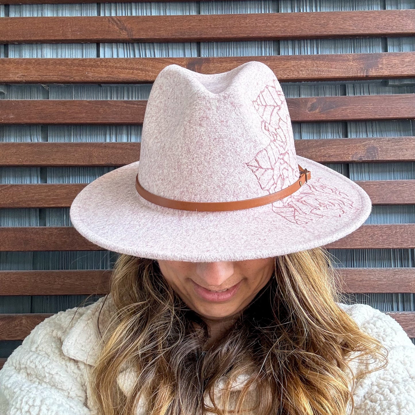 Light Pink Hand Burned Floral Wide Brim Fedora